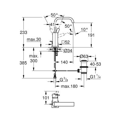 Grohe Allure Tek Kumandalı Lavabo Bataryası 12L-Boyut - 32146000 - 2