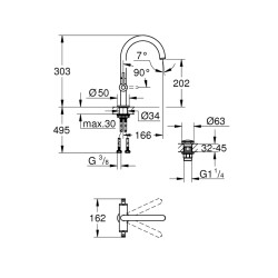 Grohe Atrio Tek Delikli Lavabo Bataryası 12L-Boyut - 21022003 - 2