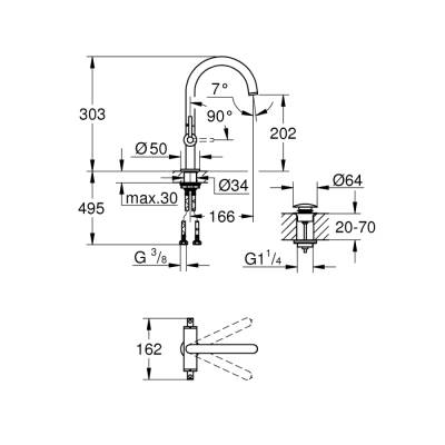 Grohe Atrio Tek Delikli Lavabo Bataryası 12L-Boyut - 21022Dc3 - 2