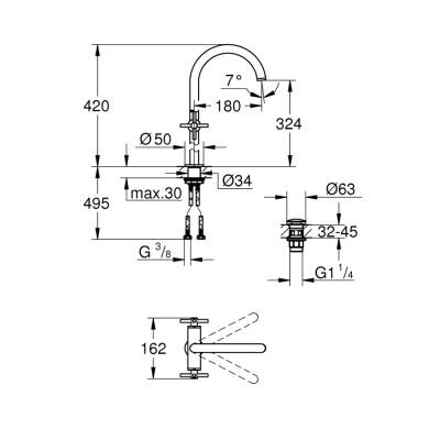 Grohe Atrio Tek Delikli Lavabo Bataryası 12Xl-Boyut - 21044003 - 2