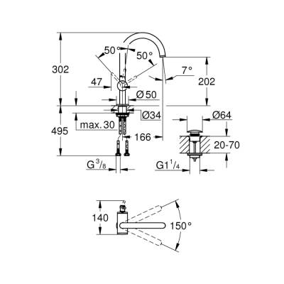 Grohe Atrio Tek Kumandalı Lavabo Bataryası 12L-Boyut - 32042Al3 - 2