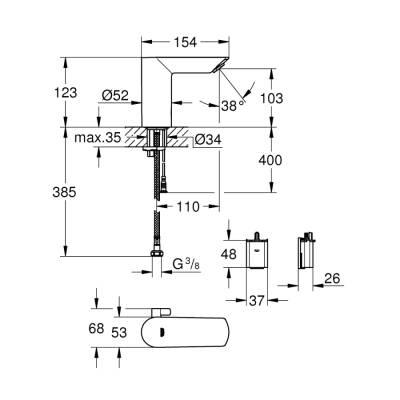 Grohe Bau Cosmopolitan E Fotoselli Lavabo Bataryası 12, Çift Su Girişli Ayarlanabilir Sıcaklık Sınırlayıcısı İle - 36451000 - 2