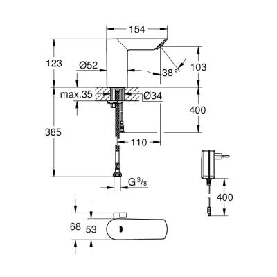 Grohe Bau Cosmopolitan E Fotoselli Lavabo Bataryası 12, Çift Su Girişli Ayarlanabilir Sıcaklık Sınırlayıcısı İle - 36453000 - 2