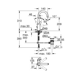 Grohe Bauflow Tek Kumandalı Lavabo Bataryası 12L-Boyut - 23753000 - 2