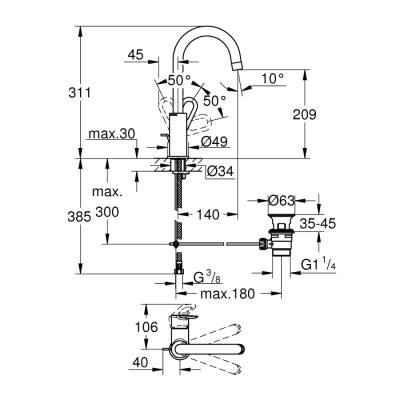 Grohe Bauloop Tek Kumandalı Lavabo Bataryası 12L-Boyut - 23763000 - 2