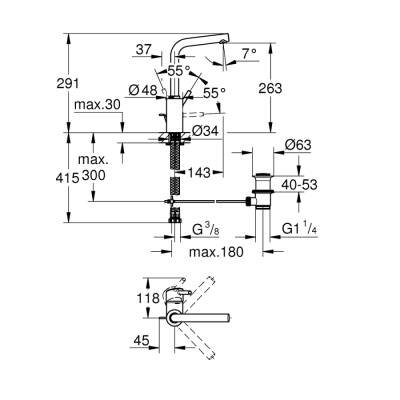 Grohe Concetto Tek Kumandalı Lavabo Bataryası 12L-Boyut - 23739002 - 2