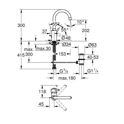 Grohe Concetto Tek Kumandalı Lavabo Bataryası 12L-Boyut - 32629002 - 2