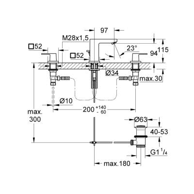 Grohe Eurocube 3 Delikli Lavabo Bataryası 12S-Boyut - 20351Al0 - 2