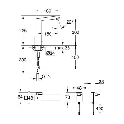 Grohe Eurocube E Fotoselli Lavabo Bataryası, 12, Çift Su GirişliAyarlanabilir Sıcaklık Sınırlayıcısı - 36440000 - 2