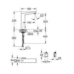 Grohe Eurocube E Fotoselli Lavabo Bataryası, 12, Çift Su GirişliAyarlanabilir Sıcaklık Sınırlayıcısı - 36441000 - 2