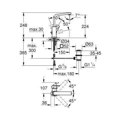 Grohe Eurocube Tek Kumandalı Lavabo Bataryası 12L-Boyut - 23135000 - 2