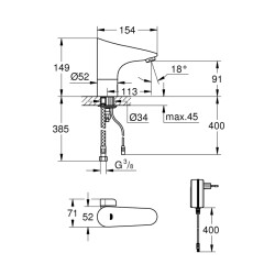 Grohe Europlus E Fotoselli Lavabo Bataryası, 12, Çift Su GirişliAyarlanabilir Sıcaklık Sınırlayıcısı - 36015001 - 2