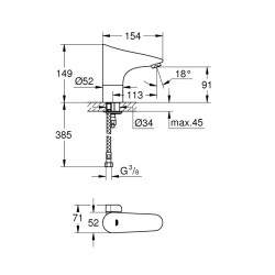 Grohe Europlus E Fotoselli Lavabo Bataryası, 12, Çift Su GirişliAyarlanabilir Sıcaklık Sınırlayıcısı - 36207001 - 2