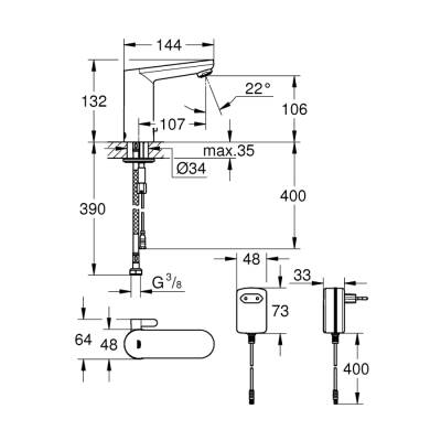 Grohe Eurosmart Cosmopolitan E Fotoselli Lavabo Bataryası, 12, Çift Su GirişliAyarlanabilir Sıcaklık Sınırlayıcısı - 36325001 - 2