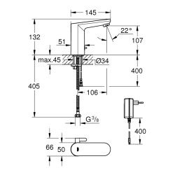 Grohe Eurosmart Cosmopolitan E Fotoselli Lavabo Bataryası, 12, Çift Su GirişliAyarlanabilir Sıcaklık Sınırlayıcısı - 36325002 - 2