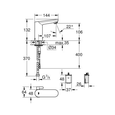 Grohe Eurosmart Cosmopolitan E Fotoselli Lavabo Bataryası, 12, Çift Su GirişliAyarlanabilir Sıcaklık Sınırlayıcısı - 36327001 - 2