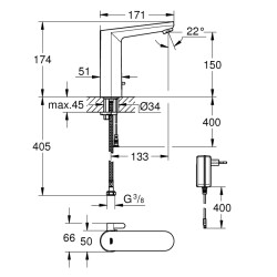 Grohe Eurosmart Cosmopolitan E Fotoselli Lavabo Bataryası, 12, L - Boyut, Çift Su Girişli, Ayarlanabilir Sıcaklık Sınırlayıcısı - 36421001 - 2