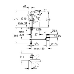 Grohe Eurostyle Tek Kumandalı Lavabo Bataryası 12L-Boyut - 23569003 - 2