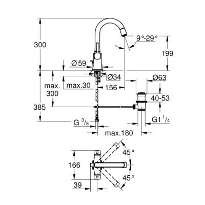 Grohe Grandera Tek Delikli Lavabo Bataryası 12L-Boyut - 21107000 - 2