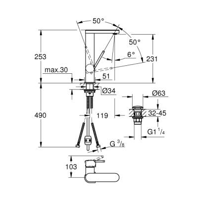 Grohe Grohe Plus Tek Kumandalı Lavabo Bataryası 12L-Boyut - 23844003 - 2