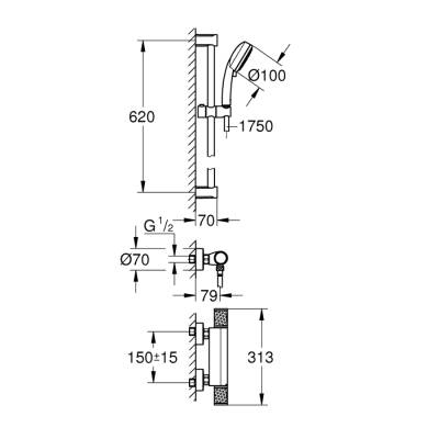 Grohe Grohtherm 1000 Performance Termostatik Duş Bataryası Duş Seti Dahil - 34783000 - 2