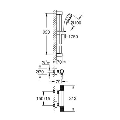 Grohe Grohtherm 1000 Performance Termostatik Duş Bataryası Duş Seti Dahil - 34784000 - 2