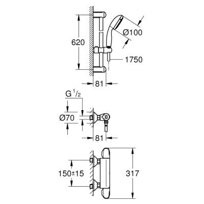 Grohe Grohtherm 1000 Termostatik Duş Bataryası Duş Seti Dahil - 34820004 - 2